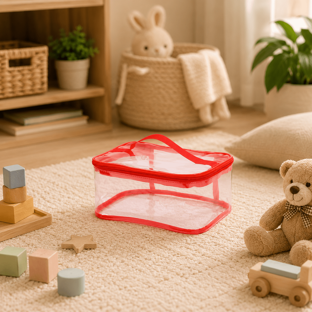 A clear plastic storage bin with a bright red handle and trim
